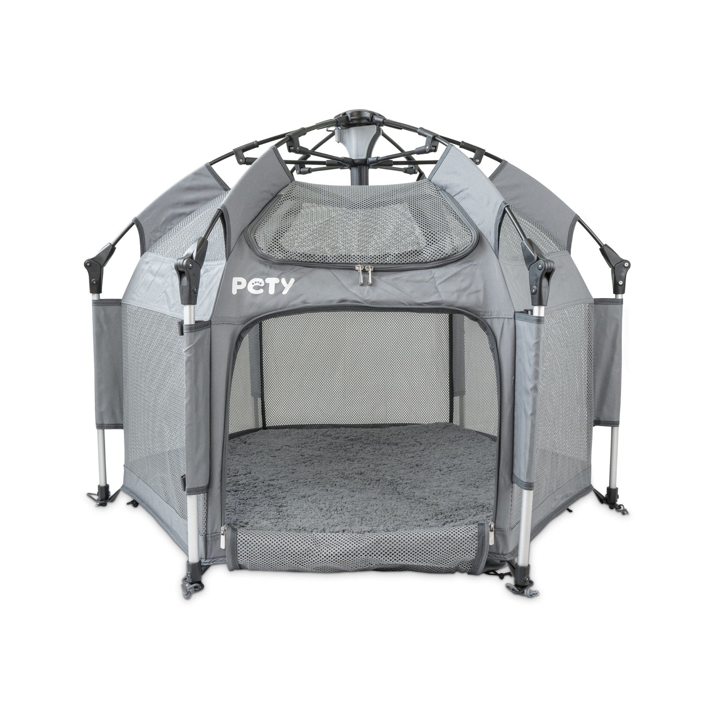 Kleines PETY Hundelaufgitter auf weißem Hintergrund mit Mattenüberzug teddy