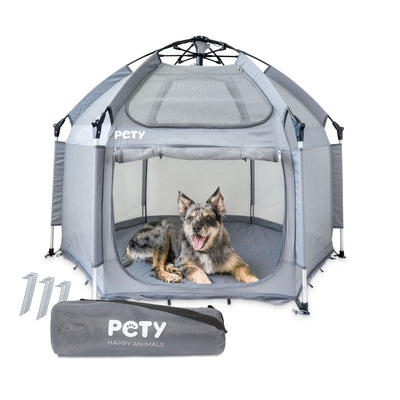 Hund liegt im großen mobilen Laufstall von PETY mit Transporttasche und Heringen