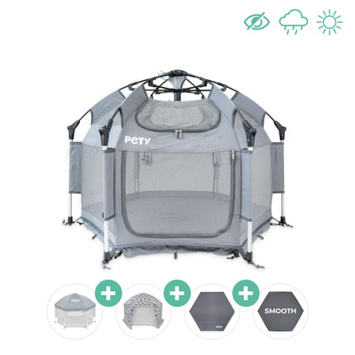 Kleiner PETY Hundelaufstall vor einem weißen Hintergrund mit Dach Abdeckung Plus, Bodenmatte und Mattenüberzug smooth