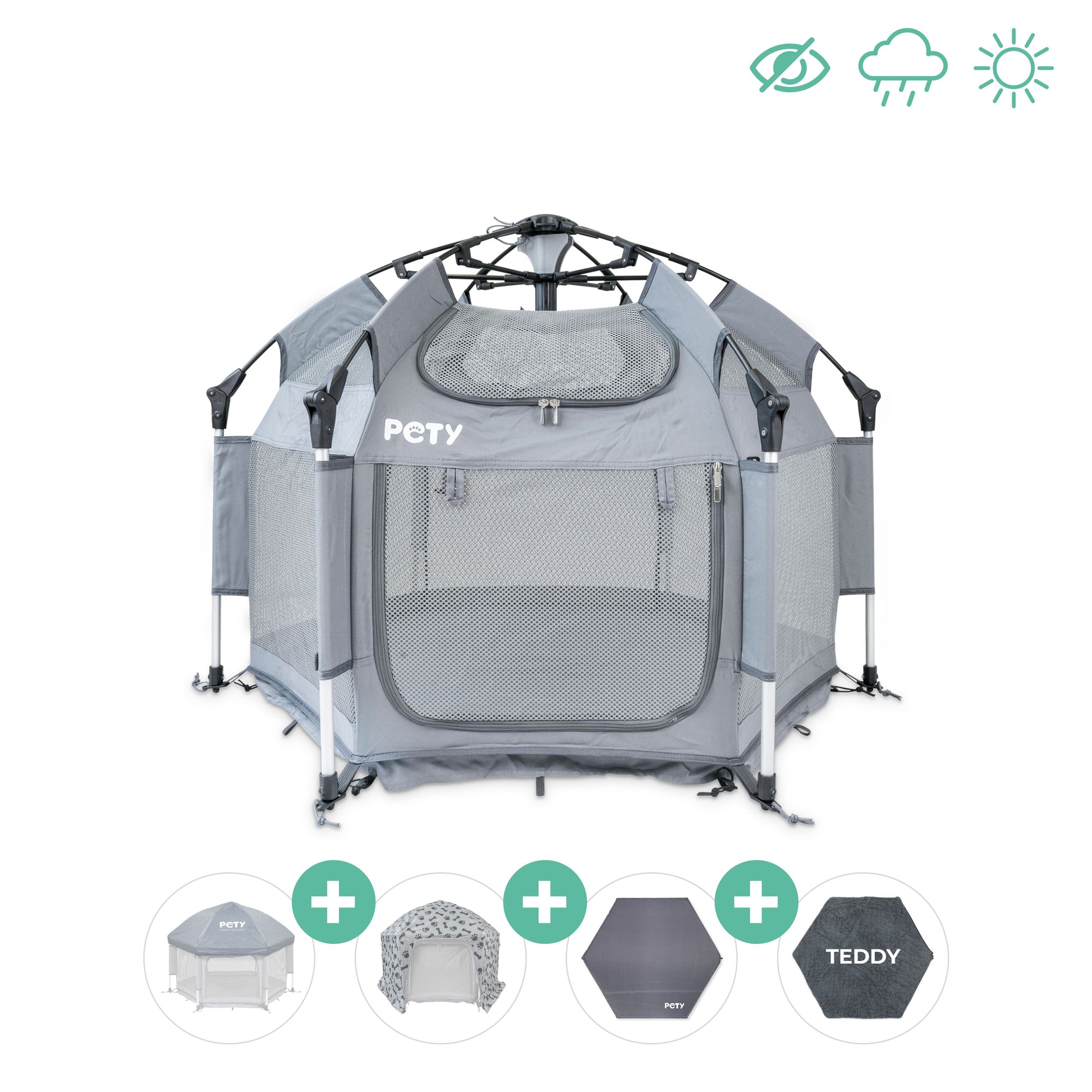 Kleiner PETY Hundelaufstall vor einem weißen Hintergrund mit Dach Abdeckung Plus, Bodenmatte und Mattenüberzug teddy