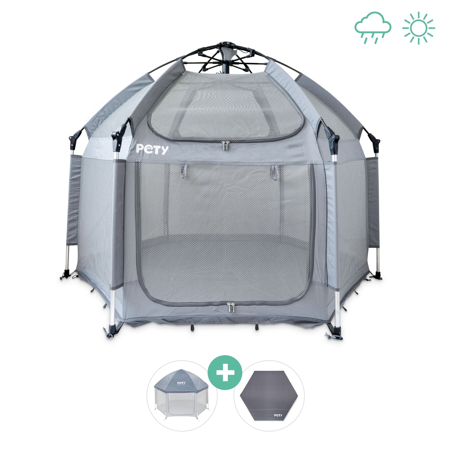 Hundelaufstall PETY vor einem weißen Hintergrund mit Dach und Bodenmatte