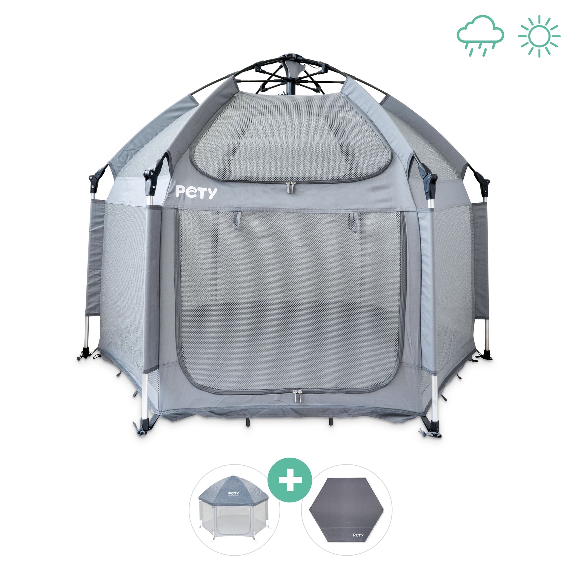 Hundelaufstall PETY vor einem weißen Hintergrund mit Dach und Bodenmatte
