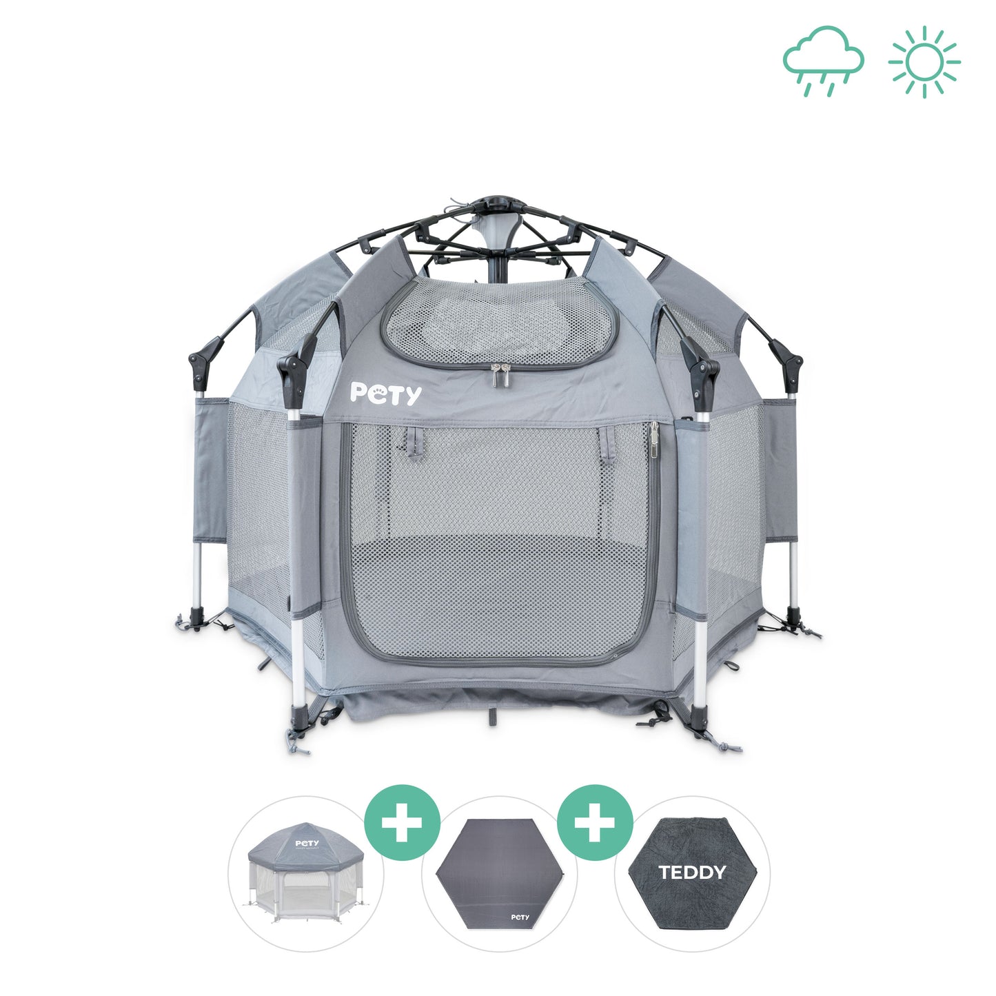 Kleiner PETY Hundelaufstall vor einem weißen Hintergrund mit Dach, Bodenmatte und Mattenüberzug teddy