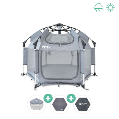 Kleiner PETY Hundelaufstall vor einem weißen Hintergrund mit Dach, Bodenmatte und Mattenüberzug teddy