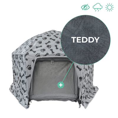 Kleines PETY Premium Laufstall Set mit Abdeckung Plus und Mattenüberzug teddy