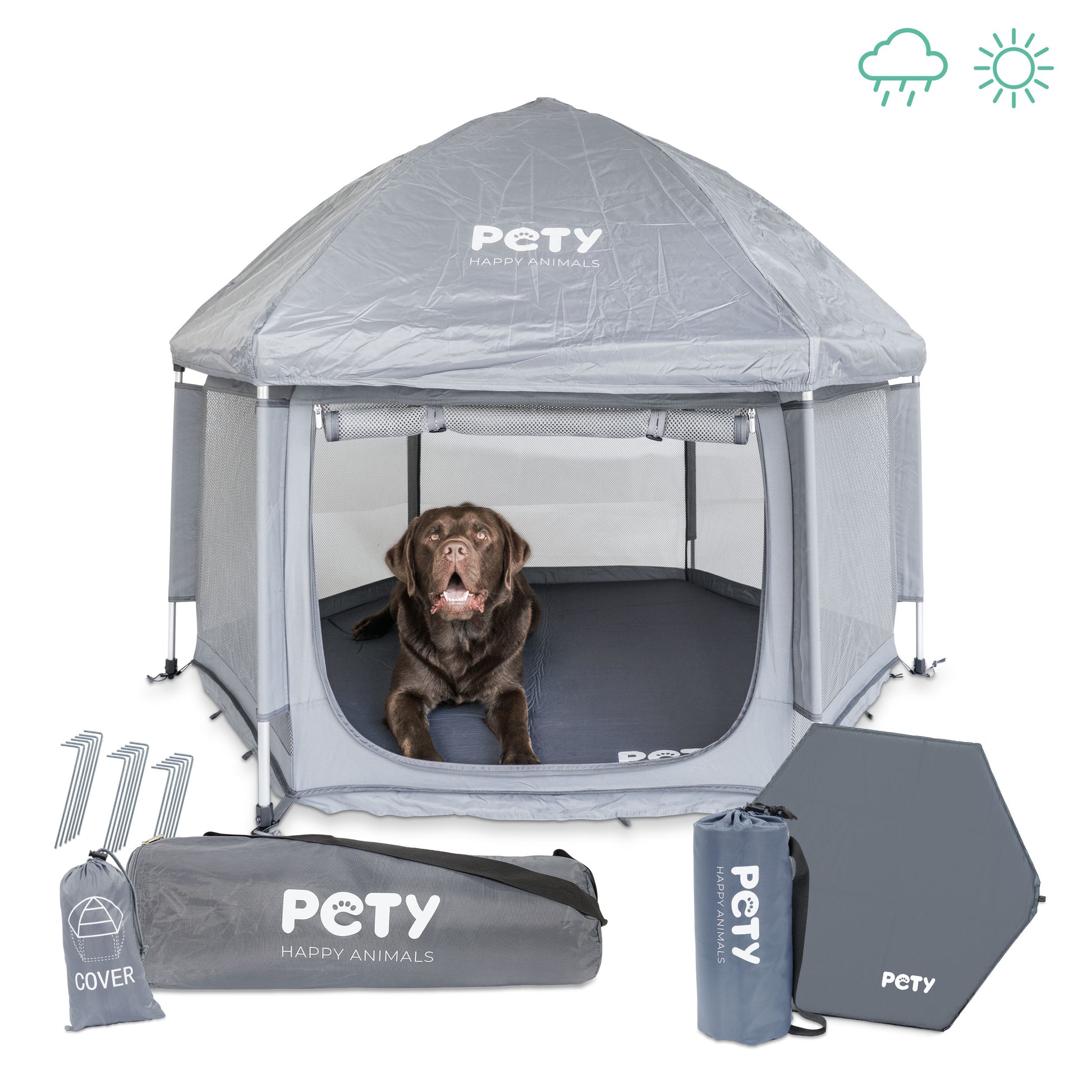 Großer PETY Hundelaufstall mit Dach, Bodenmatte, Taschen und Heringen