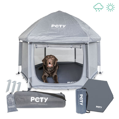 Großer PETY Hundelaufstall mit Dach, Bodenmatte, Taschen und Heringen