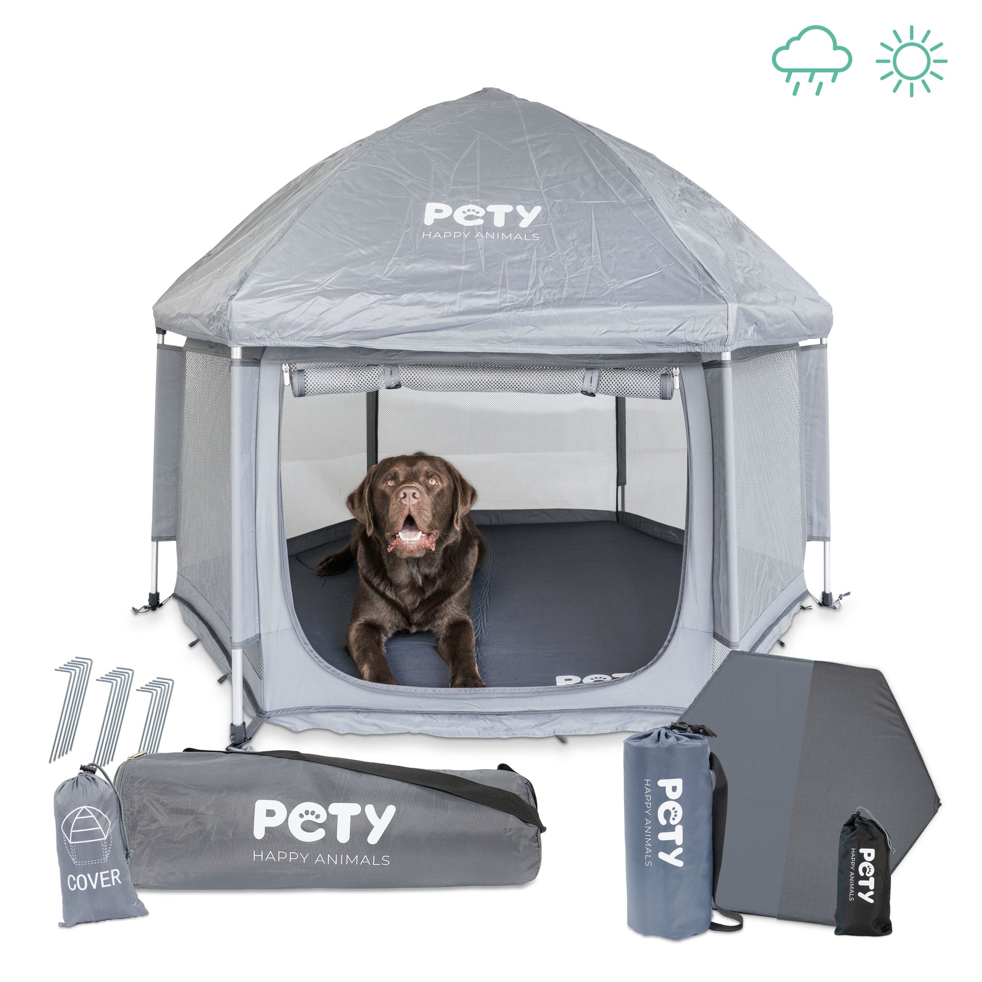 Großes PETY Advanced Laufstall Set mit Dach, Bodenmatte, Mattenüberzug smooth, Taschen und Heringen