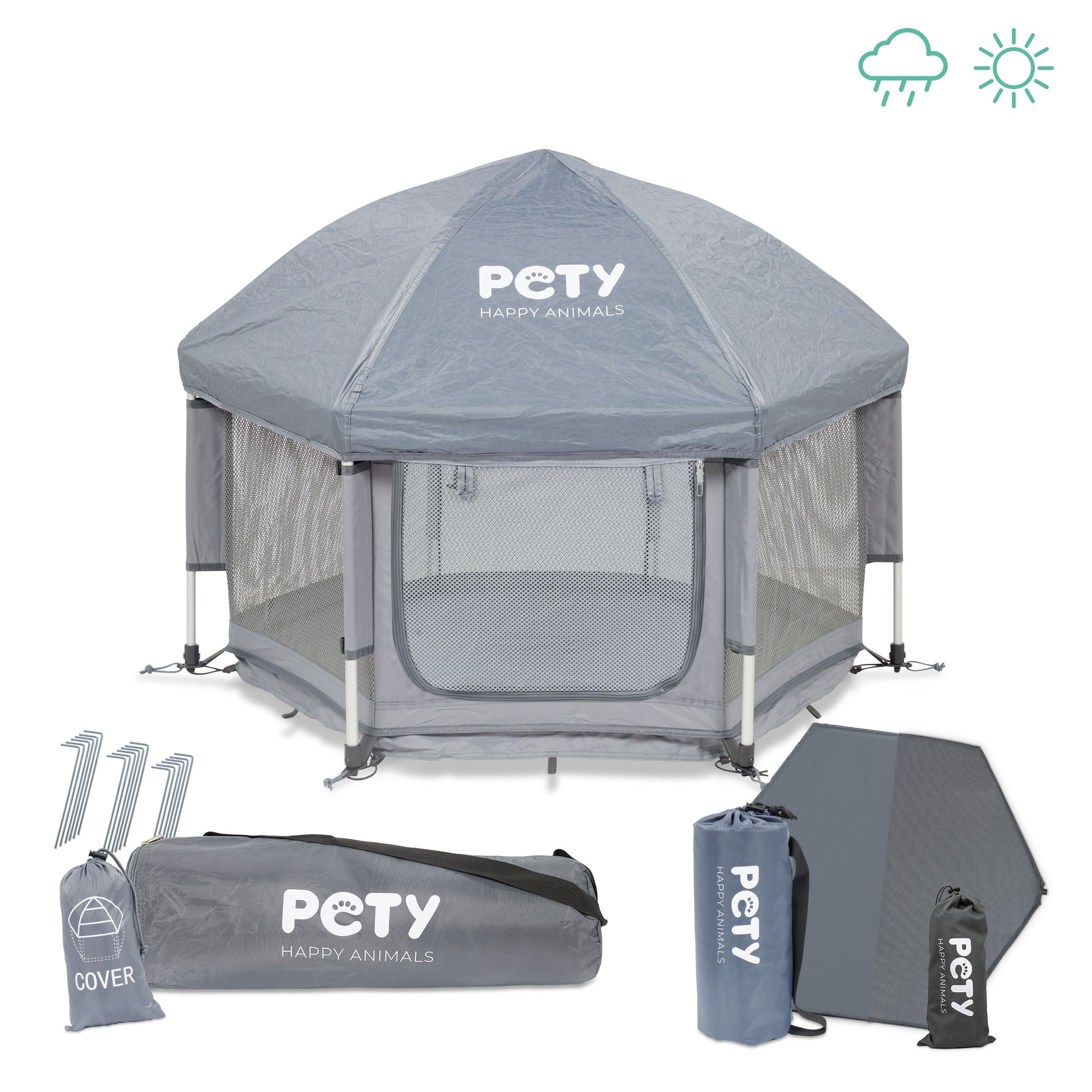 Kleines PETY Advanced Laufstall Set mit Dach, Bodenmatte, Mattenüberzug smooth, Taschen und Heringen