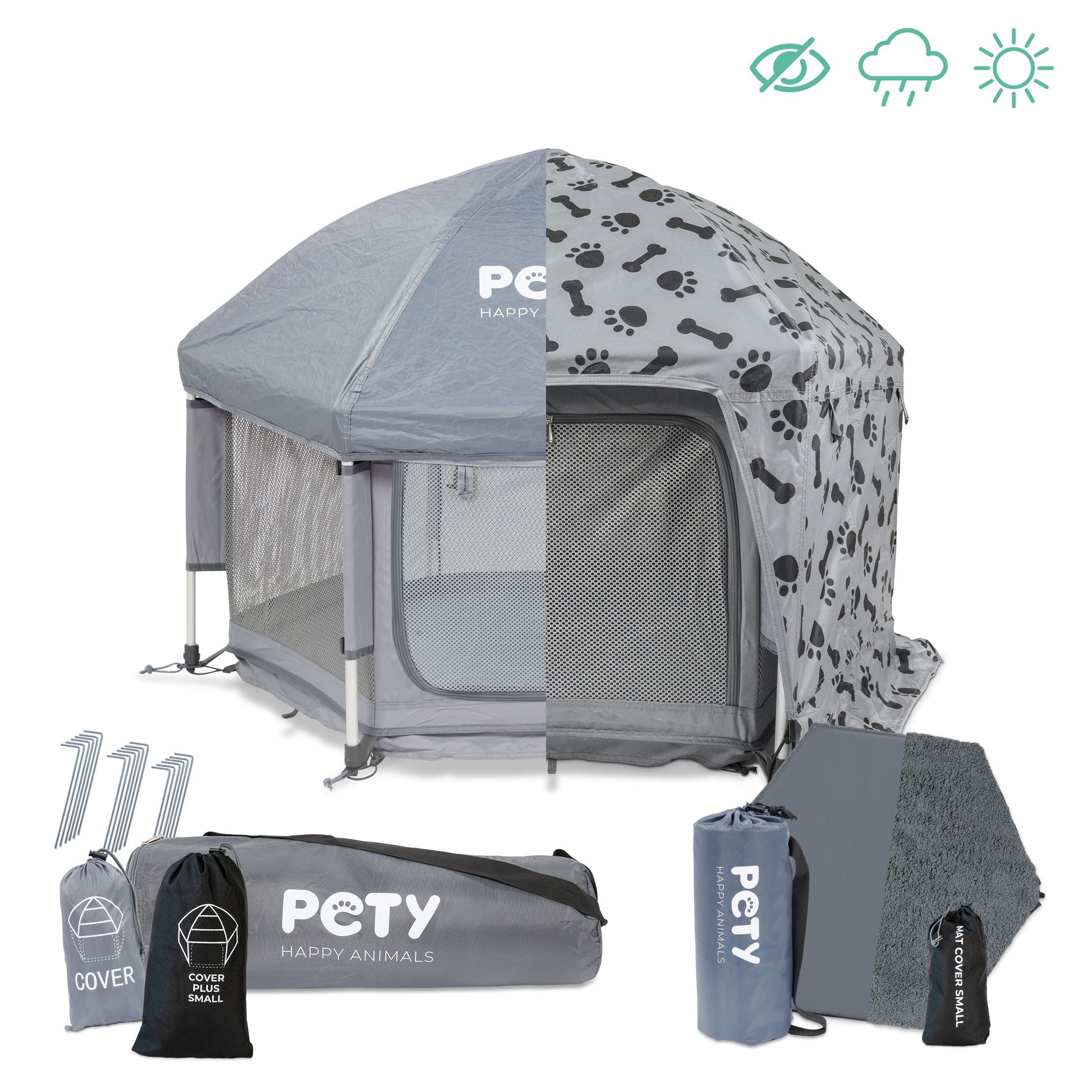 Kleines PETY Premium Laufstall Set mit Dach, Abdeckung Plus, Bodenmatte, Mattenüberzug teddy, Taschen und Heringen