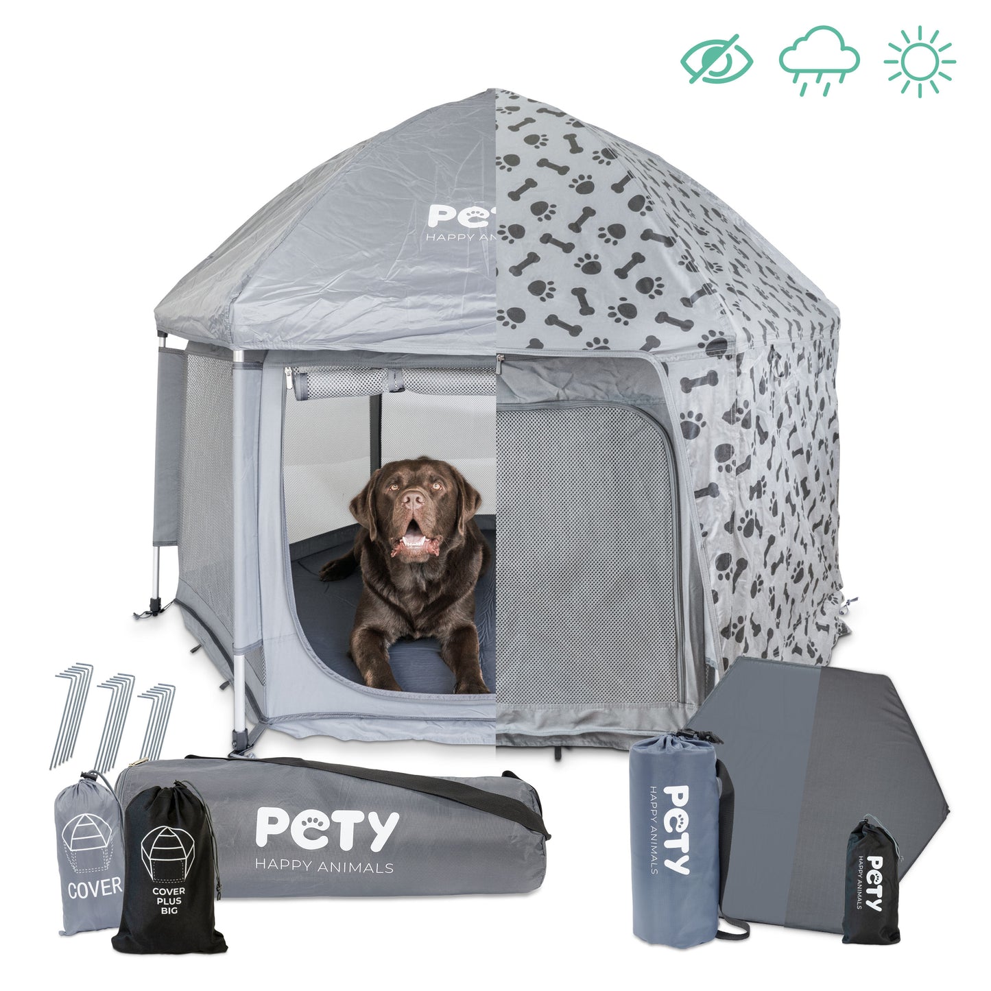 Großes PETY Premium Laufstall Set mit Dach, Abdeckung Plus, Bodenmatte, Mattenüberzug smooth, Taschen und Heringen