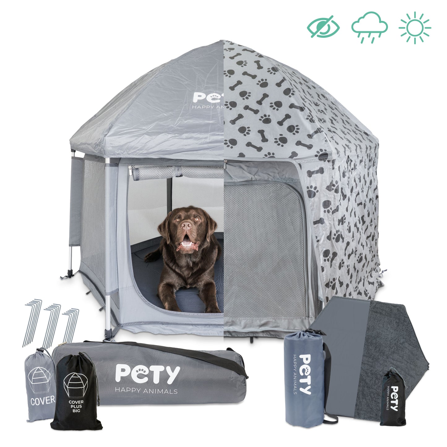 Großes PETY Premium Laufstall Set mit Dach, Abdeckung Plus, Bodenmatte, Mattenüberzug teddy, Taschen und Heringen