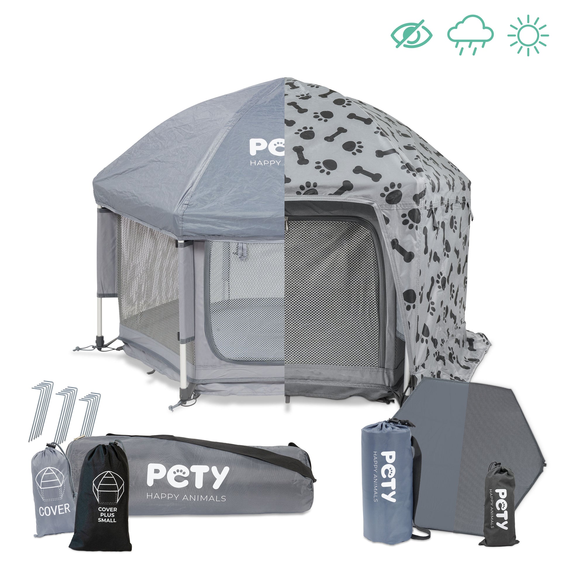 Kleines PETY Premium Laufstall Set mit Dach, Abdeckung Plus, Bodenmatte, Mattenüberzug smooth, Taschen und Heringen