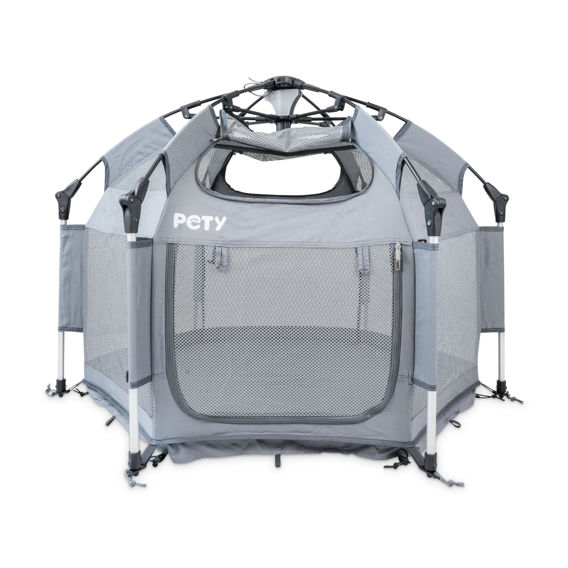Kleiner mobiler PETY Hundelaufstall auf weißem Hintergrund mit offenem Dach