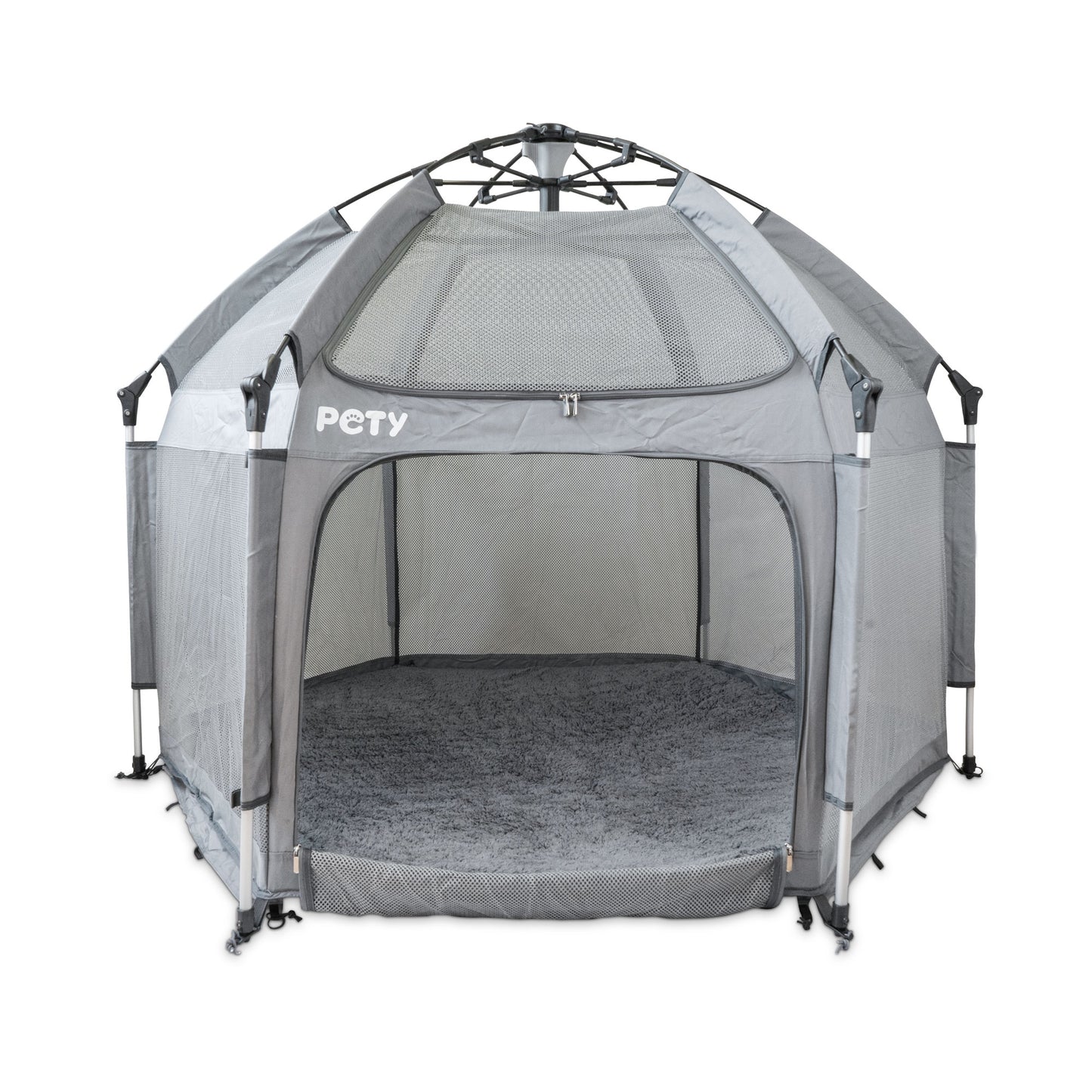 Großes PETY Hundelaufgitter auf weißem Hintergrund mit Mattenüberzug teddy