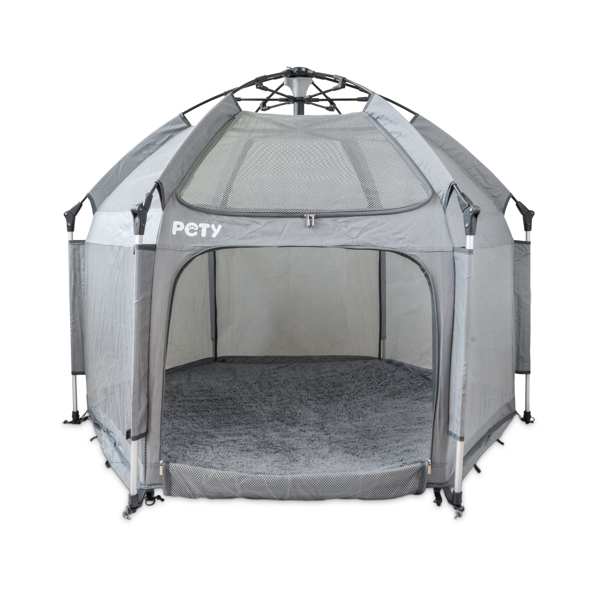 Großes PETY Hundelaufgitter auf weißem Hintergrund mit Mattenüberzug teddy