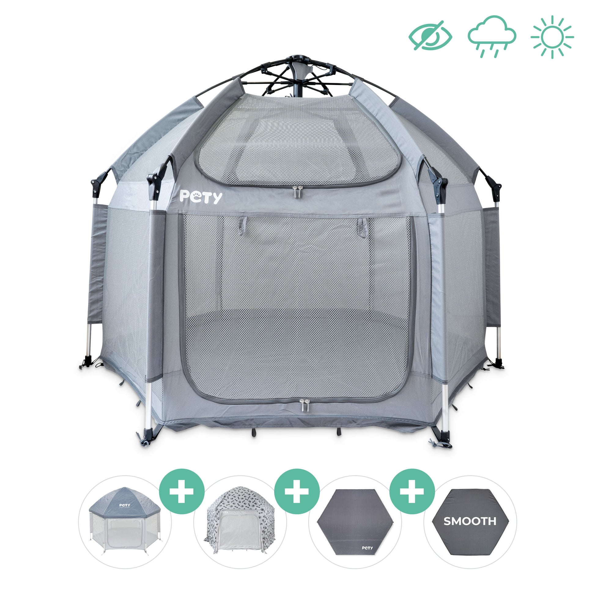 Hundelaufstall PETY vor einem weißen Hintergrund mit Dach, Abdeckung Plus, Mattenüberzug smooth und Bodenmatte
