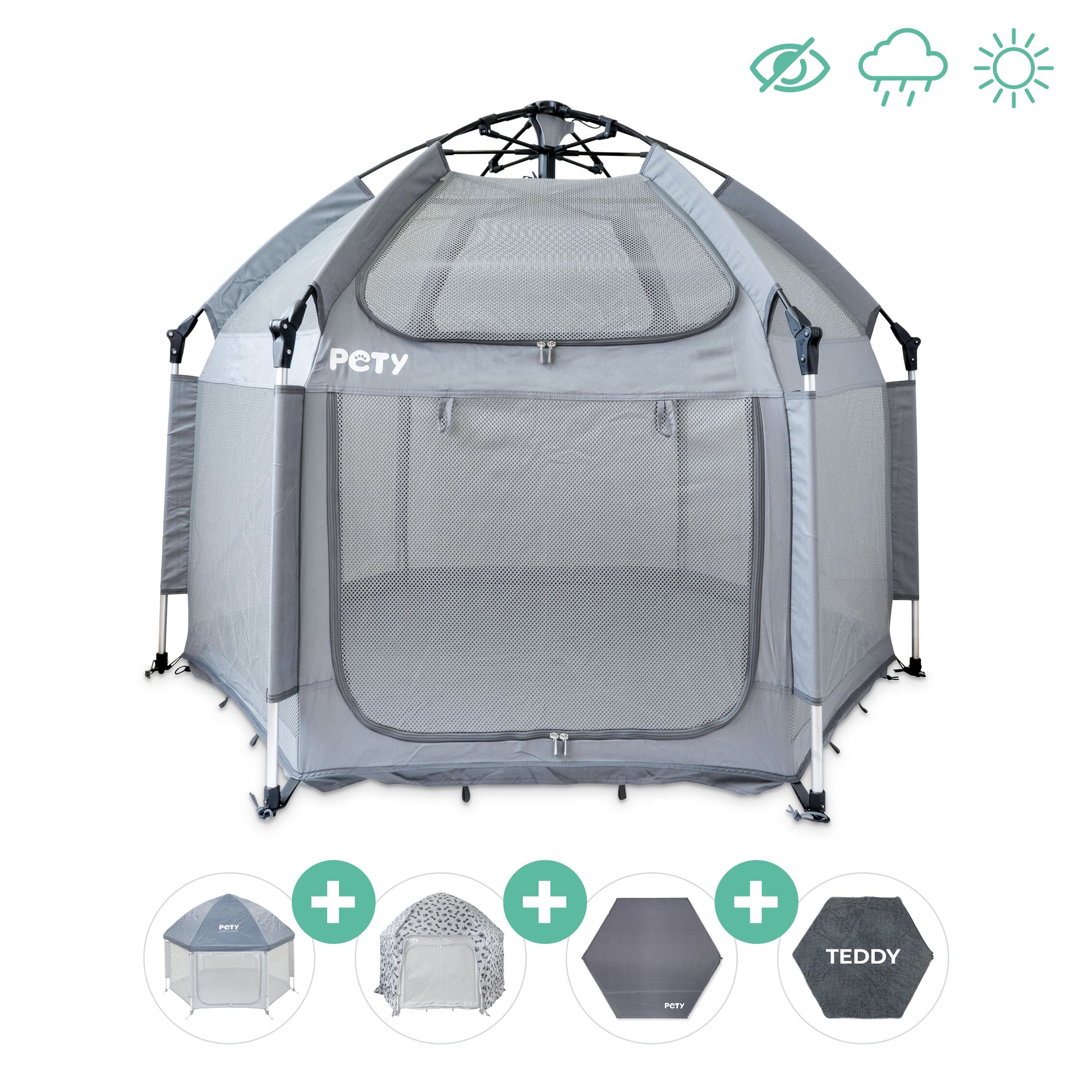 Hundelaufstall PETY vor einem weißen Hintergrund mit Dach, Abdeckung Plus, Mattenüberzug teddy und Bodenmatte