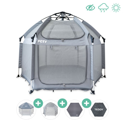 Hundelaufstall PETY vor einem weißen Hintergrund mit Dach, Abdeckung Plus, Mattenüberzug teddy und Bodenmatte