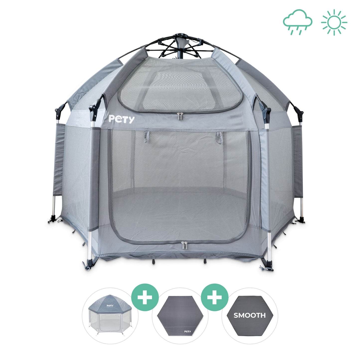 Hundelaufstall PETY vor einem weißen Hintergrund mit Dach, Bodenmatte und Mattenüberzug smooth