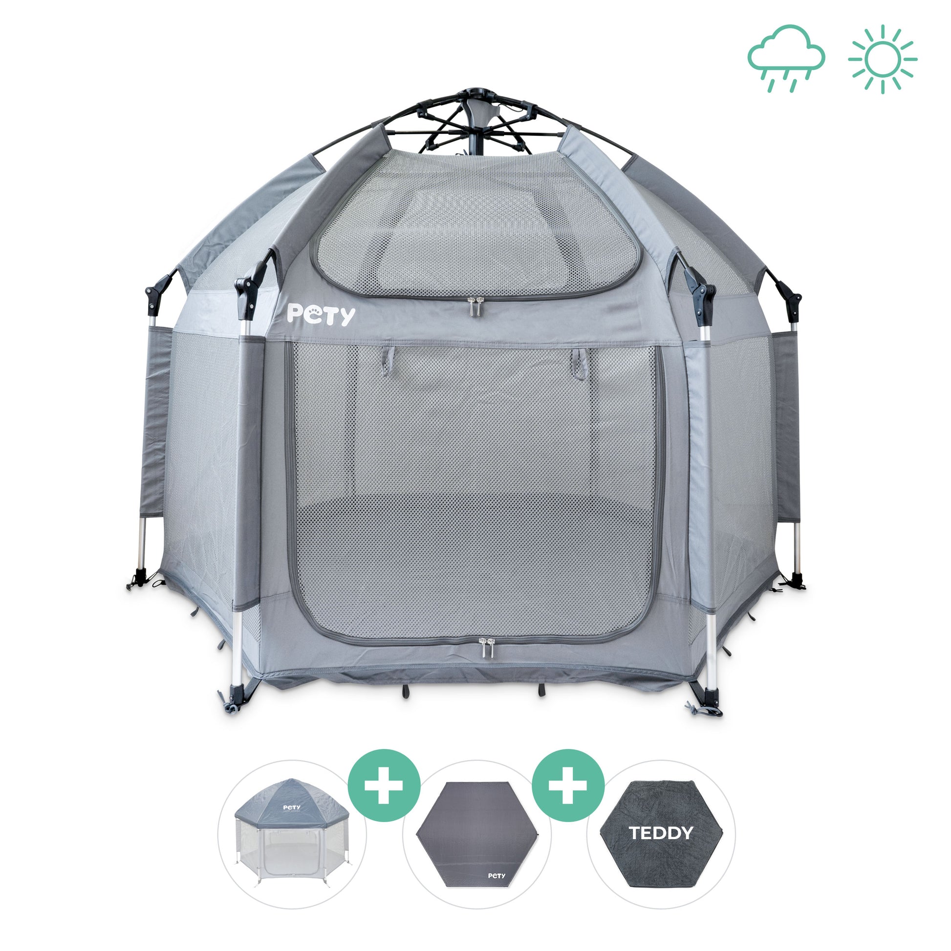 Hundelaufstall PETY vor einem weißen Hintergrund mit Dach, Bodenmatte und Mattenüberzug teddy
