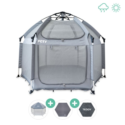 Hundelaufstall PETY vor einem weißen Hintergrund mit Dach, Bodenmatte und Mattenüberzug teddy